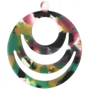 Pendentif rond ajouré en acétate 30 mm - Ecaille de tortue Vert - Fuchsia x1