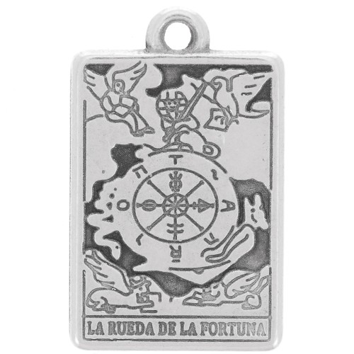 Pendentif carte de tarot 23x14mm - La roue de la fortune - Placage Arg fin vieilli