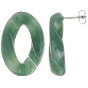 Clous d'oreilles maillon ovale torsadé 29.5x20 mm - Marbré Vert foncé - Blanc x2