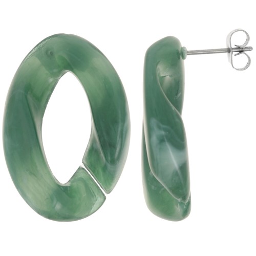 Clous d'oreilles maillon ovale torsadé 29.5x20 mm - Marbré Vert foncé - Blanc x2