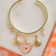 Pendentif coeur 24x19 mm résine époxy - Doré à l'or fin - Rose clair nacré x1