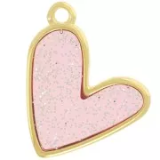 Pendentif coeur 21x18 mm époxy vitrail - Doré à l'or fin - Rose - Pailleté argenté