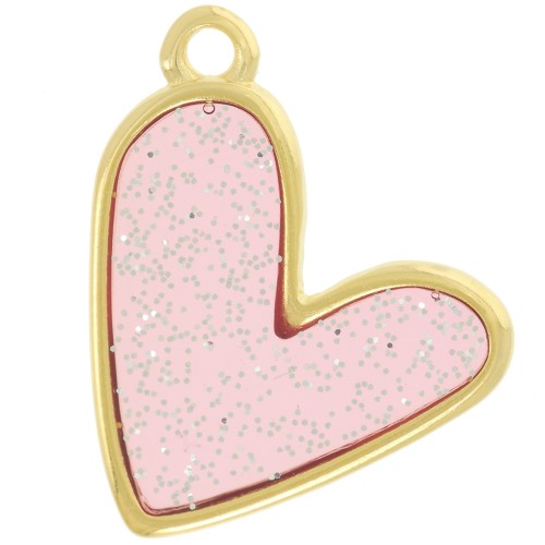 Pendentif coeur 21x18 mm époxy vitrail - Doré à l'or fin - Rose - Pailleté argenté