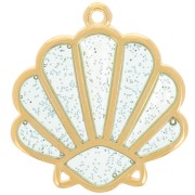 Pendentif coquillage 25x23mm époxy vitrail - Doré Or fin - Bleu Pailleté argenté