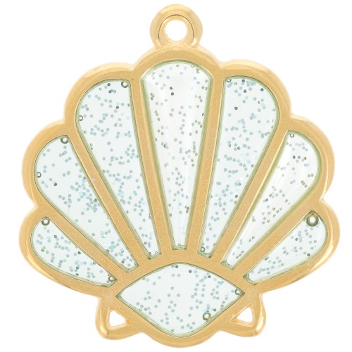 Pendentif coquillage 25x23mm époxy vitrail - Doré Or fin - Bleu Pailleté argenté