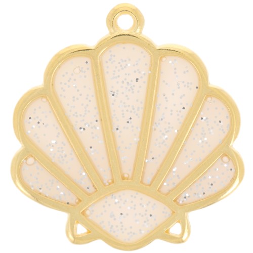 Pendentif coquillage 25x23mm époxy vitrail - Doré Or fin - Nude - Pailleté argenté
