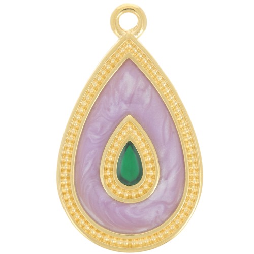 Pendentif goutte 27x16 mm avec résine époxy - Doré à l'or fin - Lilas nacré x1