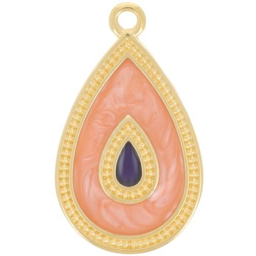 Pendentif goutte 27x16 mm avec résine époxy - Doré à l'or fin - Saumon nacré x1