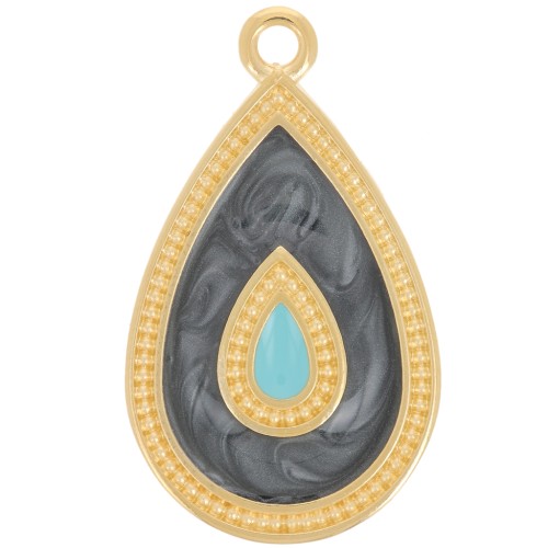 Pendentif goutte 27x16 mm avec résine époxy - Doré à l'or fin - Noir nacré x1