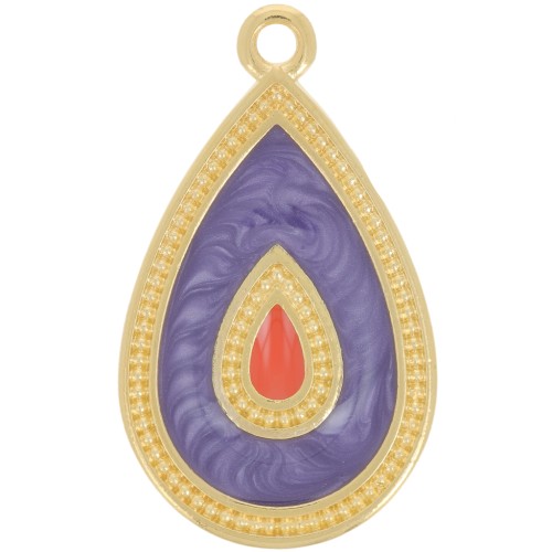 Pendentif goutte 27x16 mm avec résine époxy - Doré à l'or fin - Violet nacré x1