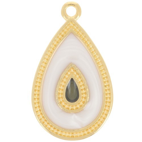 Pendentif goutte 27x16 mm avec résine époxy - Doré à l'or fin - Blanc nacré x1