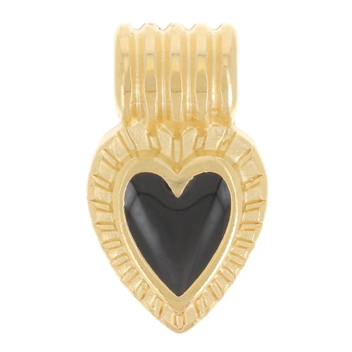 Mini pendentif coeur strié 15x7 mm avec résine époxy - Doré à l'or fin - Noir x1