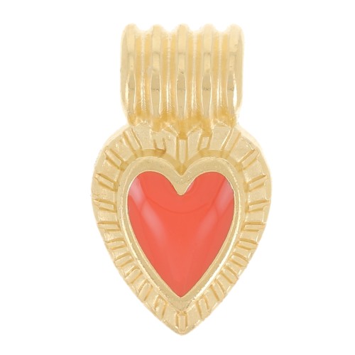 Mini pendentif coeur strié 15x7 mm avec résine époxy - Doré à l'or fin - Orange x1