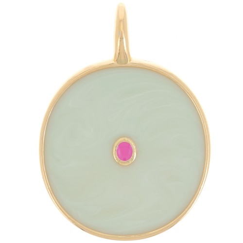 Pendentif rond 20 mm avec résine époxy - Doré à l'or fin - Mint nacré x1