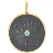 Pendentif rond 20 mm avec résine époxy - Doré à l'or fin - Noir nacré x1
