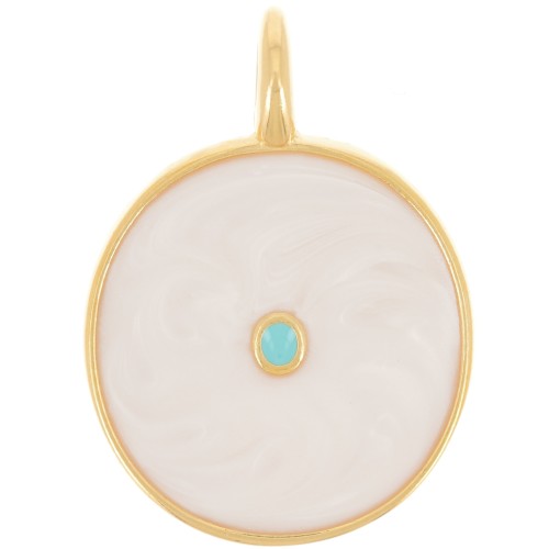 Pendentif rond 20 mm avec résine époxy - Doré à l'or fin - Crème nacré x1