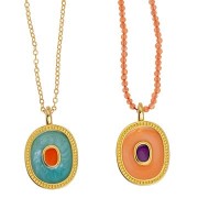 Pendentif ovale 27x17 mm avec résine époxy - Doré à l'or fin - Mint nacré x1