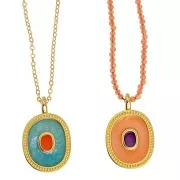 Pendentif ovale 27x17 mm avec résine époxy - Doré à l'or fin - Mint nacré x1