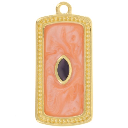 Pendentif rectangle 29x14 mm avec résine époxy - Doré à l'or fin - Saumon nacré x1