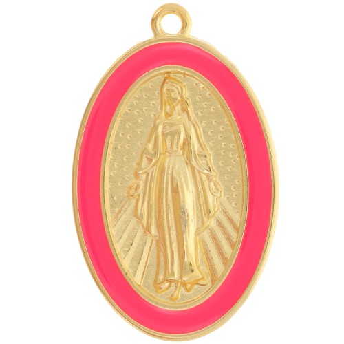 Pendentif ovale motif Vierge 32x20 mm résine époxy - Doré à l'or fin - Corail fluo