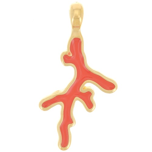 Pendentif corail 27x14 mm avec résine époxy - Doré à l'or fin - Orange x1