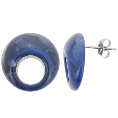 Clous d'oreilles rond évidé 20 mm en acrylique - Marbré Bleu nuit x2
