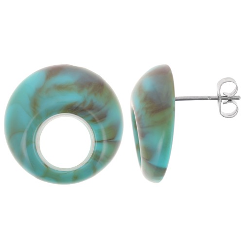 Clous d'oreilles rond évidé 20 mm en acrylique - Marbré Turquoise - Marron x2