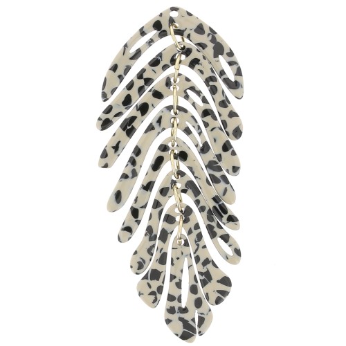 Pendentif feuille 71x28 mm - Tacheté Noir - Beige x1