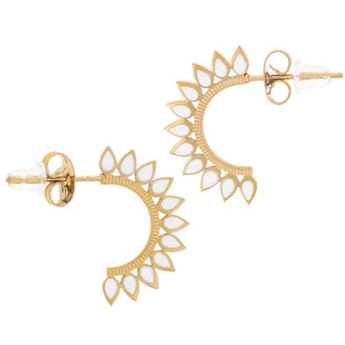 Créoles ouvertes ethnique 20mm avec résine époxy - Acier inox 316L Doré - Blanc x2