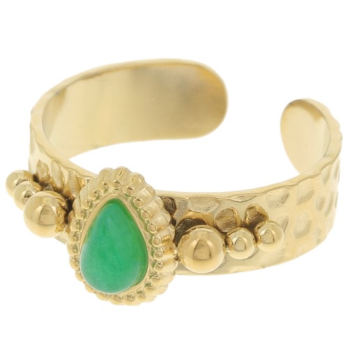 Bague ethnique - cabochon pierre gemme T.52 à 56 Acier inox 304L Doré - Aventurine
