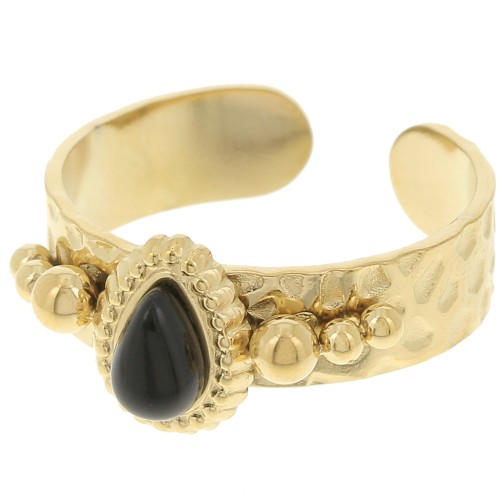 Bague ethnique - cabochon pierre gemme T.52 à 56 Acier inox 304L Doré - Onyx noir