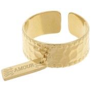 Bague large martelée réglable et anneau ouvert - T.53 à 58 Acier inox 304L Doré