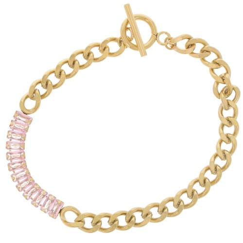 Bracelet Gourmette 6mm avec oxydes zirconium Acier inox 304L Doré - Rose x19.5cm