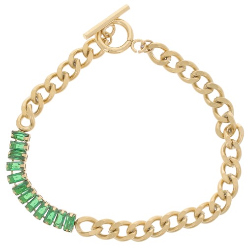Bracelet Gourmette 6mm avec oxydes zirconium Acier inox 304L Doré - Vert x19.5cm