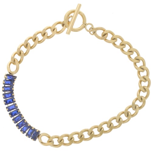 Bracelet Gourmette 6mm avec oxydes zirconium Acier inox 304L Doré - Bleu x19.5cm