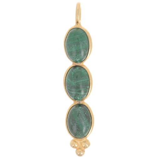 Pendentif long 32x6 mm avec 3 pierres gemmes - Doré à l'or fin - Malachite x1