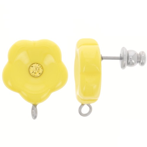 Clous d'oreilles fleurs en résine 15 mm avec strass - Jaune soleil x2
