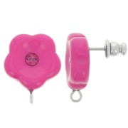 Clous d'oreilles fleurs en résine 15 mm avec strass - Fuchsia x2