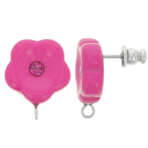 Clous d'oreilles fleurs en résine 15 mm avec strass - Fuchsia x2