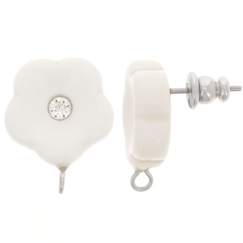 Clous d'oreilles fleurs en résine 15 mm avec strass - Ivoire x2