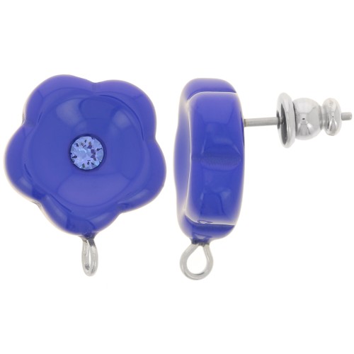 Clous d'oreilles fleurs en résine 15 mm avec strass - Bleu royal x2
