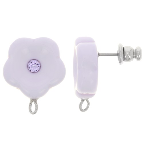 Clous d'oreilles fleurs en résine 15 mm avec strass - Parme x2