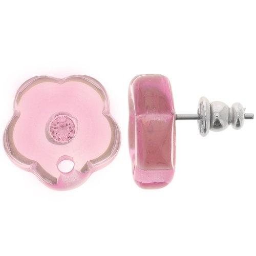 Clous d'oreilles fleurs en résine transparente 15 mm avec strass - Rose clair x2