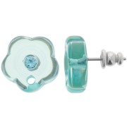 Clous d'oreilles fleurs en résine transparente 15 mm avec strass - Vert d'eau x2