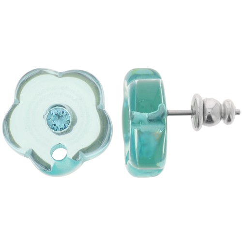 Clous d'oreilles fleurs en résine transparente 15 mm avec strass - Vert d'eau x2