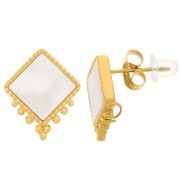 Clous d'oreilles losange 15x13mm petites boules et nacre - Acier inox 316L Doré x2