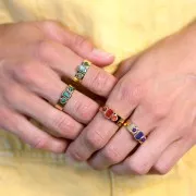 Bague 3 cabochons pierre gemme T.55 à 60 - Acier inox 316L Doré - Agate rouge x1