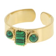 Bague 3 cabochons imitation gemme T.55 à 60 - Acier inox 316L Doré - Malachite