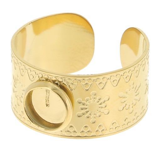 Bague large travaillée réglable T.51 à T.58 - cabochon 6 mm - Acier inox 304 Doré