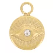 Breloque ronde 8 mm - motif oeil avec oxyde de zirconium - Acier inox 316L Doré x1